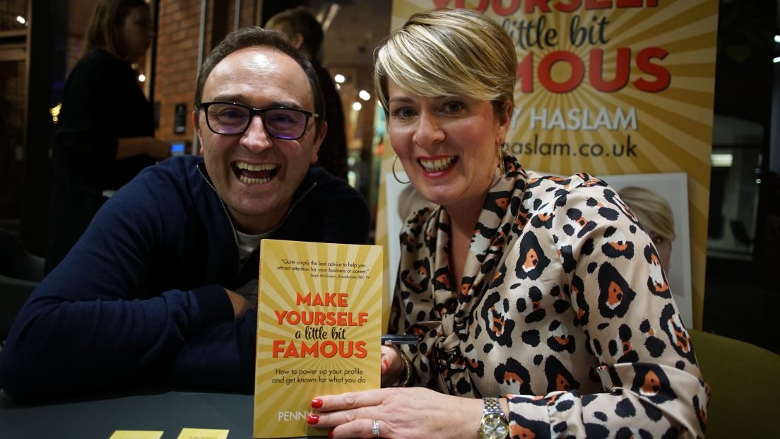 Penny Haslam and author Tom Cheesewright at the 'Make Yourself a Little Bit Famous' book launch
